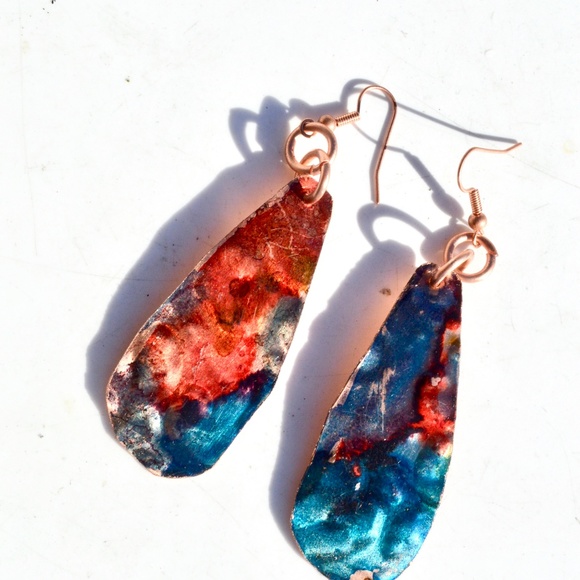 Festive Blue Red Copper Embossed Earrings Handmade Textured Painted Rustic Boho - Picture 2 of 2